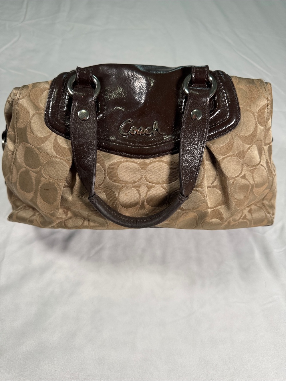 Coach Beige Signature Canvas Satchel with Dark Brown Leather Trim
